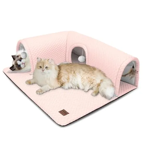 CATISM Katzenbett mit Tunnel - Katzentunnel für Indoor-Katzen, 3-Wege-Anschlüsse, 3 Spielzeuge, Abnehmbarer Teppich, weicher Tunnel, große Höhle, Rutschfester Boden, Teppich, Rohrbett für Kätzchen
