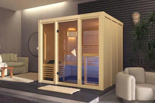 Karibu Sauna Innensauna Avari 4 Fronteinstieg mit 9 kW Ofen