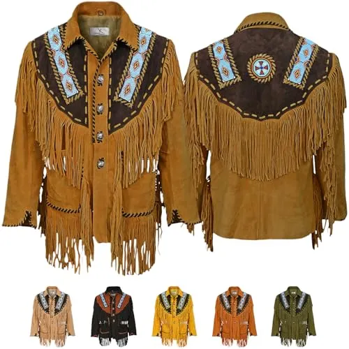 German Wear Herren Indianer Westernjacke Reiter Jacke Western-Lederjacke Tracht Jacke 52 Braun