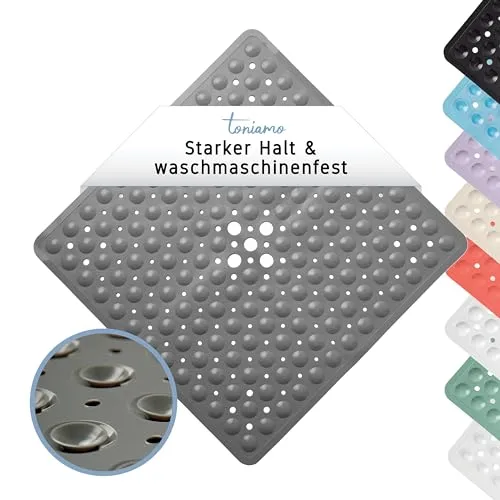 Toniamo Duschmatte rutschfest 53 x 53 cm Antirutschmatte Dusche Grau | Rutschmatte quadratisch mit Saugnäpfen, antibakteriell, schimmelresistent und maschinenfest für sicheren Halt in der Dusche
