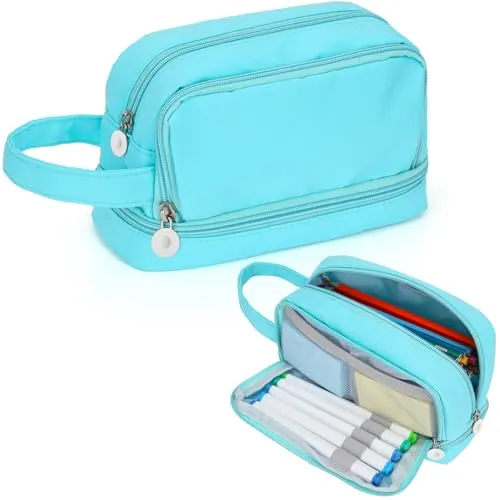 Alyvisun Federmäppchen Große Kapazität Mäppchen Etui Stifte mit 3 Fächern für Jungen und Mädchen, Robuste Schreibwaren Organizer Pencil Case mit Tragegriff für Schule und Büro (Blau)