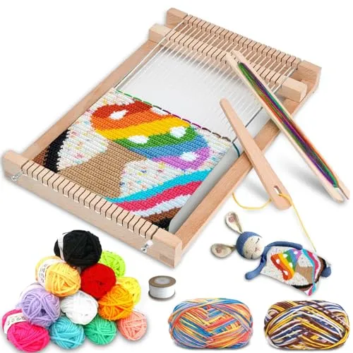Bibykivn Webrahmen für Kinder, DIY Holz Webrahmen Set, 29x19cm Holz Kind-Webrahmen mit Farbige Wolle für Kinder, Schüler und Anfänger