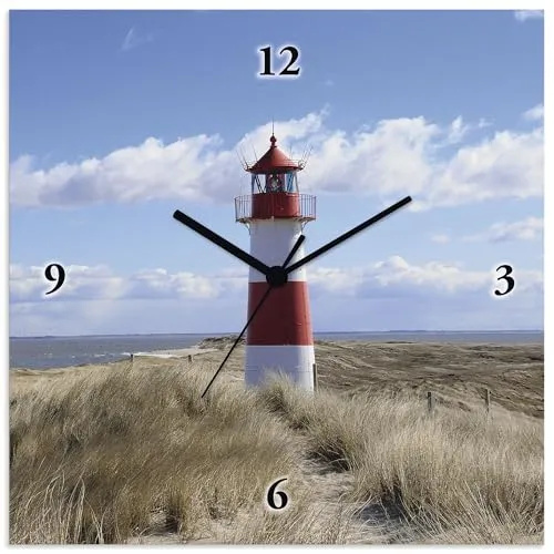 ARTLAND Wanduhr ohne Tickgeräusche Alu Funkuhr 30x30 cm Quadratisch Lautlos Strand Meer Leuchtturm Urlaub Sylt Maritim T9ML