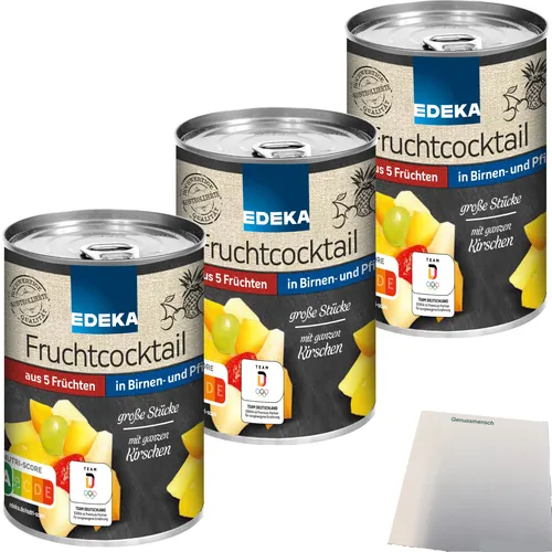 Edeka 5-Fruchtcocktail große Stücke in Birnen Pfirsichsaft 3x410g Dose usy Block