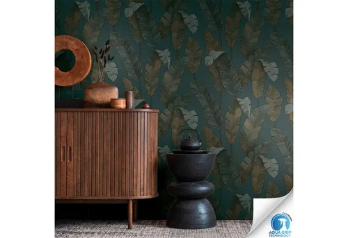 Livingwalls DESIGNDROP Vliestapete - Botanische Tapete in Grün und Blau - Tapeten, die ohne Kleister tapeziert werden - einfach mit Wasser besprühen, ideal für Anfänger und spart Zeit. Hochwertige, strapazierfähige Qualität für ein gesundes Raumklima.