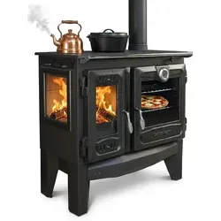 EEK A+ Panorama-Holzherd Modell 216-3D mit 8,5kW - Öfen - Hochwertiger Holzherd mit 8,5 kW Nennwärmeleistung, ideal für effizientes Heizen und Kochen in jedem Raum.