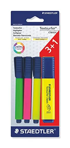 STAEDTLER Textmarker Textsurfer classic, hohe Qualität, mit großem Tintenspeicher für extra lange Markierleistung, Promotion 3+1 GRATIS, Blisterkarte mit 4 Textmarkern, 364 A BK4D