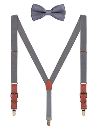 Hosenträger Fliege Sets für Herren Jugendlichen Y Form 3 Anti-Rost Clips Hosenträger Elastisch Verstellbar Classic Schick Gentleman - Dunkelgrau