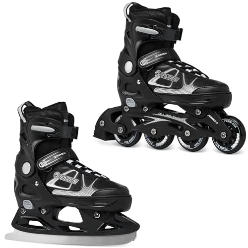 RAVEN Inline Skates Inliner für Kinder und Erwachsene OPTIONAL 2in1 mit Schlittschuhen verstellbar (Spirit Black/White mit Kufen, 37-40 (23,5-26cm))