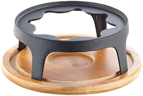 Rosenstein & Söhne Rechaud Käsefondue Zubehör - Küchenhelfer & Kochzubehör für genussvolles Käsefondue mit schönem Rechaud aus Gusseisen und Untersetzer aus Birkenholz – idealer Hitzeschutz für Topf und Tisch.