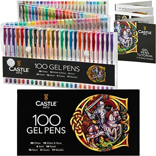 Castle Art Supplies 100-Gelstifte-Profimalset | Premium-Verpackung | Zeichen-, Skizzen-, Notizbücher | Tolle Farben, Effekte – Wirbel, Glitzer, Neon, Pastell, Metallic