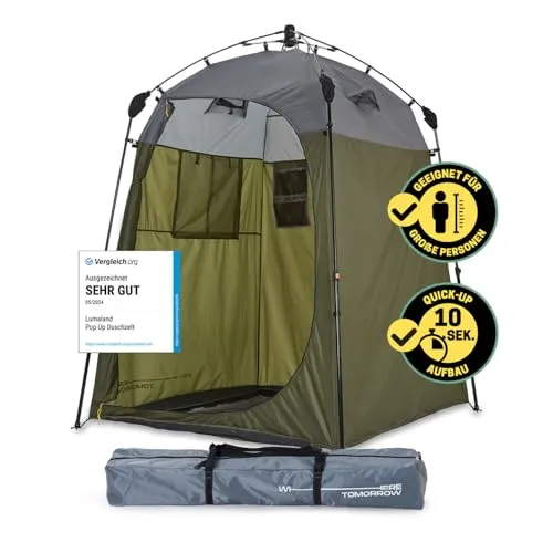 Lumaland Kuppelzelt Pop Up - Schneller Aufbau in 2 Minuten - Zelt für Camping und Festivals, bietet UV-Schutz und wasserdichte Konstruktion mit herausnehmbarem Boden und Handtuchhalterung.