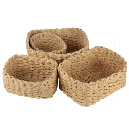 Otauoaea Aufbewahrungskorb - Körbe Aufbewahrung 4er Set -Geflochtener Papierseil-Aufbewahrungskorb, Stapelbare Speicher Storage Körbchen,für Bad Badezimmer Kinderzimmer Wickeltisch