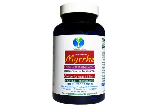 MYRRHE + KAMILLE + KAFFEEKOHLE Balsam - 180 Pulver Kapseln für den gestressten Darm, natürliche Unterstützung für die Darmgesundheit ohne Zusatzstoffe
