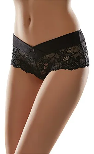 Merry Style Damen Hipster Hot Pants aus Baumwolle mit floraler Spitze atmungsaktive Unterhose mit V-Front Damen Unterwäsche MSGAB155 (Schwarz, 42 (Größe: XL))