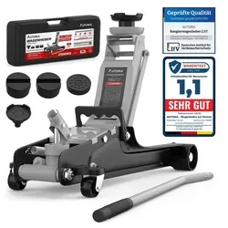 Hydraulischer Rangierwagenheber 2.5T Hellgrau - Wagenheber & Unterstellböcke mit einer Hubkraft von 2.5 Tonnen, flach und inkl. rutschfester Gummiauflagen sowie praktischem Aufbewahrungskoffer.