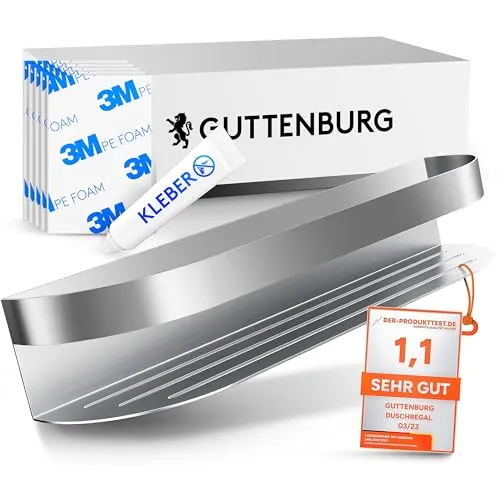 GUTTENBURG Duschablage ohne Bohren (XXL-Regal mit 38cm Länge, 2200cm³), klebt hochfest, gebürsteter Edelstahl, einfache Installation
