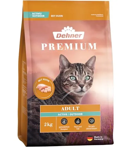 Dehner Premium Katzenfutter Active / Outdoor, Trockenfutter getreidefrei, für ausgewachsene Freigänger Katzen, Huhn, 2 kg