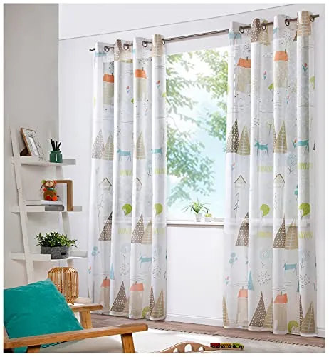 heimtexland ® Vorhang Kindergardine Skandi Leinen Optik Natur Bunt Deko Gardine Kinderzimmer Transparent Typ755 Ösenschal HxB 225x135 cm