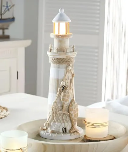 Dekoleidenschaft LED Deko Leuchtturm aus Holz im Shabby Look - Maritime Statue, 40 cm hoch, beleuchtet mit warmweißem LED Licht für eine gemütliche Atmosphäre im Innenbereich.