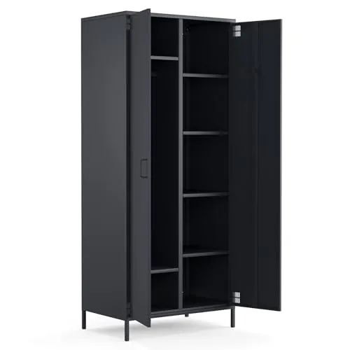 furni24 Metallschrank – Retro Garderobenschrank mit Kleiderstange – Robuste Aufbewahrungslösung mit verstellbaren Ablagen– Ideal für Schlafzimmer, Flur, Büro- Kleiderschrank mit 2 Türen, Anthrazit