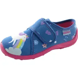 Fischer Kinder Hausschuh Einhorn - Kuschelig, Rutschfest, Klettverschluss - Hausschuhe mit weichem Baumwoll-Obermaterial für Komfort und Atmungsaktivität. Cooles Einhorn-Design begeistert Kinder. Rutschfeste Sohle für sicheren Halt beim Spielen.
