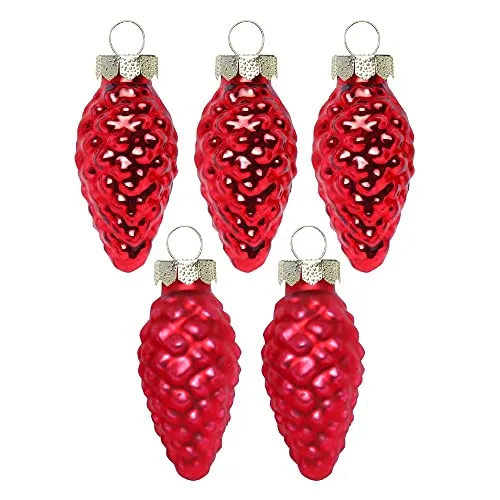 Inge Glas Magic Mini Weihnachtskugeln Zapfen 4,5cm 12 Stück Glas in Karton-Box (Merry Red | rot Glanz matt)