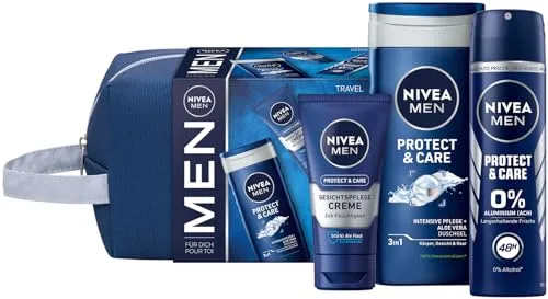 NIVEA MEN Travel Buddy Geschenkset, Pflegeset mit feuchtigkeitsspendenden Pflegeprodukten, Set mit NIVEA MEN Protect & Care Duschgel, Deo Spray, Gesichtspflege Creme und Kulturtasche