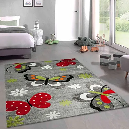 CARPETIA Bunter Kinderzimmerteppich mit Schmetterlingen — Allergikerfreundlich — grau, 140 x 200 cm