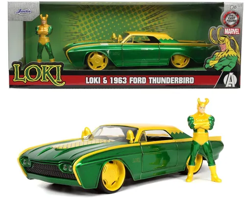 Jada Toys Marvel Loki Ford Thunderbird 1:24 - Muscle Car mit öffnenden Türen, inkl. 7 cm Loki Figur und Gummireifen
