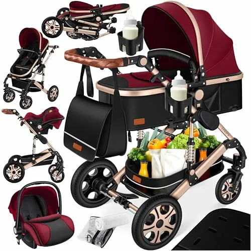 KESSER® Loops 3 in 1 Kombikinderwagen Set - Rot/Champagne - 3-in-1 Kinderwagen mit Babywanne, Buggy und Babyschale. Idealer Begleiter ab der Geburt bis ins Kleinkindalter, inklusive praktischem Zubehör wie Wickeltasche und Regenschutz.
