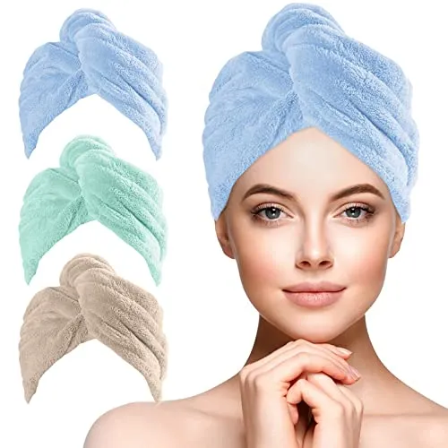 URAQT Haarturban Handtuch, 3 Stück Mikrofaser Turban Handtücher Schnelltrocknend Handtuch, Damen Haarturban Verdreht mit Knopf für Handtücher Frauen Mädchen Lange Lockiges Nasses Alle Haartypen(C)