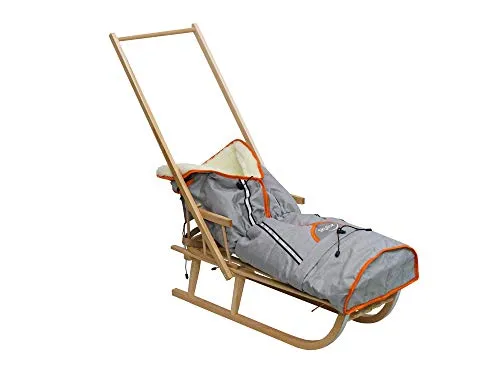 Holzschlitten für Kinder mit Rückenlehne Rodelschlitten Davoser Schlitten aus Holz mit einem Sicherheitsgurt Rückenlehne Pusher Winterfußsack