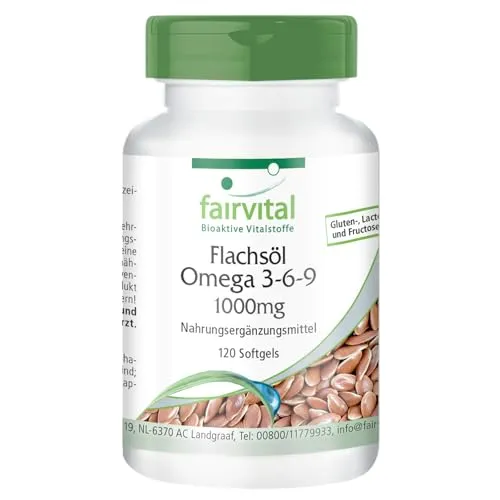 Fairvital | Omega-3-6-9 Kapseln - HOCHDOSIERT mit 2000mg LeinsamenÖl (Flaxseed Oil) pro Tagesdosis - natürliches Linolsäure & Alpha-Linolensäure - kaltgepresst - 120 Softgels