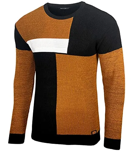 Baxboy Herren Pullover Slim Fit Rundhals Strick-Pullover Rundkragen Moderner Männer schwarzer Pulli Longsleeve in Feinstrick Sweatshirt BB-52288, Farbe:Camel, Größe:L