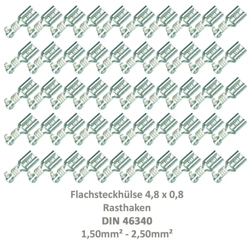 Flachsteckhülse 4,8x0,8 Kabelschuh unisoliert 1,00²-2,50² Rasthaken/Rastpunkt 50