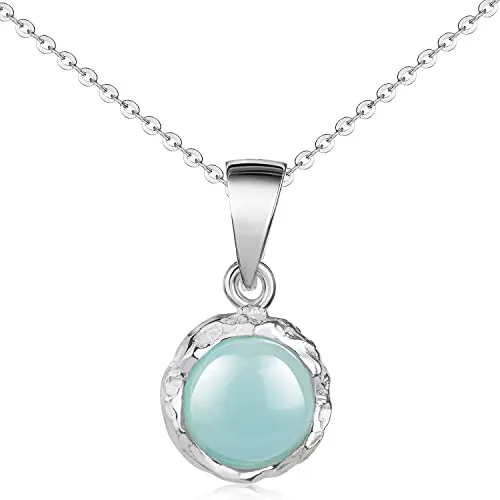 Materia Chalcedon Anhänger rund Damen Kette 925 Silber - Eleganter Kettenanhänger aus 925 Sterling Silber mit einem hellblauen Chalcedon, inklusive 40cm Ankerkette - das perfekte Geschenk für besondere Anlässe.