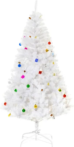 Künstlicher Tannenbaum 150/180cm mit Deko - Eleganter schneeweißer Weihnachtsbaum mit 680 Spitzen, inklusive festlicher Deko. Ideal für ein stilvolles Winterwunderland ohne Nadeln und Brandgefahr.