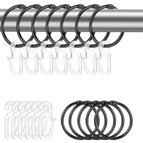 Metall-Gardinenringe mit Haken, Innendurchmesser 32 mm, Gardinenhaken mit 60 transparenten Kunststoff Vorhang Haken, Aufhängezubehör für Gardinen, Türvorhänge, Duschvorhänge(Schwarz) 60