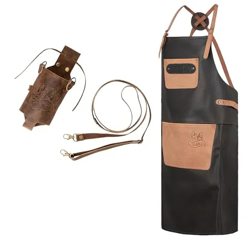 Black Forest Fox SET X-FOX Büffelleder Grill Koch & Küchen Schürze + Getränkeholster Holly Holster – Leder Flaschenhalter für Partybecher, Bierflaschen, Getränkedosen – FOX-X SET 2