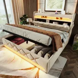 MODFU  Polsterbett 140x200 Ohne Matratze, Jugendbett Kopfteil mit Stauraum,Stauraumbett mit USB und Typ C-Port & LED-Beleuchtung,Beige - Beige