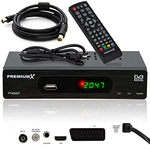 PremiumX FTA 540T Full HD DVB-T2 Receiver - DVB-T2 TV-Receiver für brillantes digitales Fernsehen in Full HD, ideal für den Umstieg auf hochauflösende Programme. Inkl. USB Mediaplayer und einfache Auto-Installation.