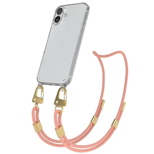 EAZY CASE - Handykette mit Karabiner kompatibel mit iPhone 16 Plus - Hülle Silikon Fallschutz transparente Handyhülle für Apple iPhone 16 Plus Kette zum Umhängen Hülle in Korall Transparent - Gold