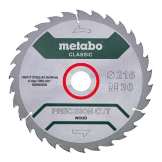 Metabo Kreissägeblatt Precision Cut Wood Classic 216 x 30mm - Sägeblatt für Holz mit 30 Zähnen, ideal für präzise Längs- und Querschnitte in Weich- und Hartholz sowie Verbundwerkstoffen.