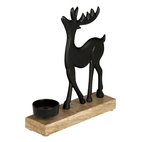 EGLO LIVING Teelichthalter mit Deko Rentier Baliguian, Weihnachtsdeko Fensterbank Wohnzimmer, Tischdeko Weihnachten Hirsch REH, Holz in Natur und Metall in Schwarz, 18 x 20 cm