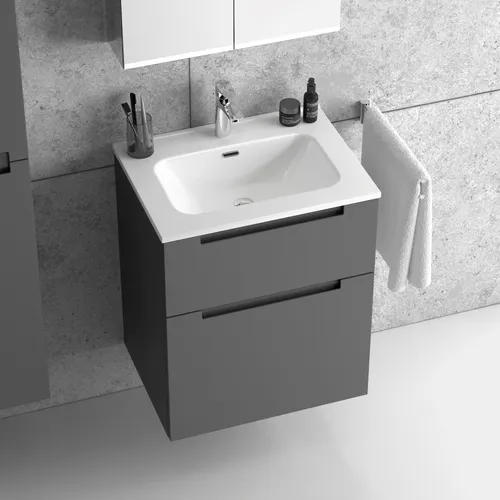 Premium Waschbecken mit Unterschrank 60 cm anthrazit matt lackiert mit zwei Schubladen Waschtisch Badmöbel Badezimmer Schrank Badschrank