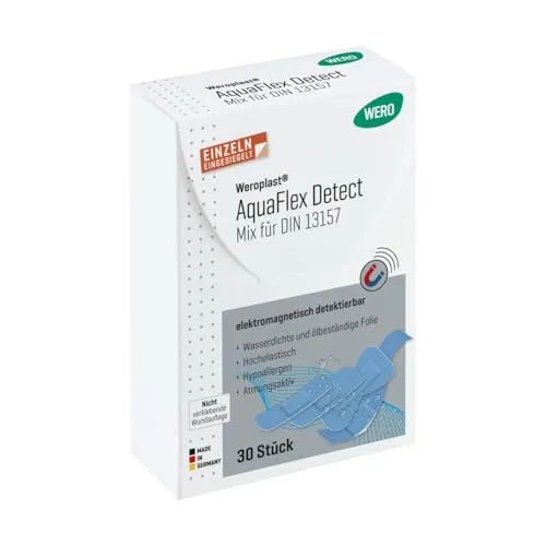 Weroplast AquaFlex Detect Pflaster Mix DIN 13157, 30 Stück - Wasserfest & hochflexibel - Elektromagnetisch & visuell detektierbar - PU-Folie, blau, einzeln eingesiegelt