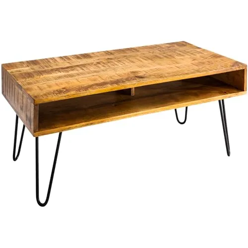 Riess-Ambiente Couchtisch SCORPION 100cm - Natur & Schwarz - Eleganter Couchtisch aus massivem Mango-Holz und Metall, bietet Stauraum mit 2 offenen Fächern. Ideal für Wohnzimmer im Retro-Stil.