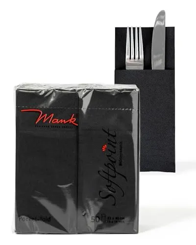 Mank Besteckservietten aus Softpoint Pub Bestecktaschen 40x33 cm 1/8 Falz gefaltet Servietten mit Besteckschlitz für Gastronomie und Feiern 50 Stück (Schwarz)