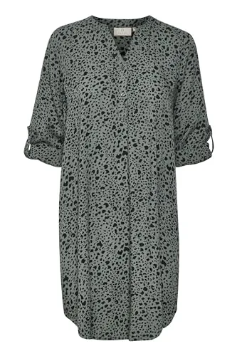 KAFFE Kleid KAmarana Damen Kleid Shirt Print Lang Arm V-Ausschnitt Knopf Shirtkleid 46, Balsam Green/Black Leo 46